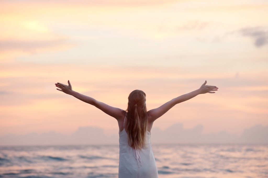 Rear view of woman with arms raised at beach during sunset 320007